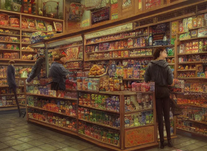 Image similar to people interior convenience store in the style of jeremy enecio, intricate, miles johnston, monet, cynical realism, john william godward, painterly, yoshitaka amano, miles johnston, louise zhang, pekka halonen, finnish naturalism, realism