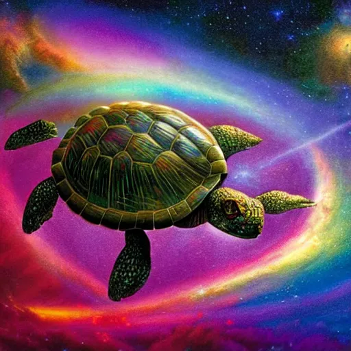 Prompt: AN 8K RESOLUTION, MATTE PAINTING OF THE WISE AND ANIENT COSMIC TURTLE, FLYING THROUGH a rainbow nebula BY BOB EGGLETON AND MICHAEL WHELAN. TRENDING ON aRTSTATION, hd, highly detailed, vibrant colors, astrophotography, volumetric lighting, dynamic portrait, wide lens, mass effect game art