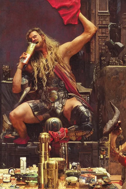 Prompt: thor drinking mountain dew during ragnarok, by lawrence alma tadema and zdzislaw beksinski and norman rockwell and jack kirby and tom lovell and greg staples