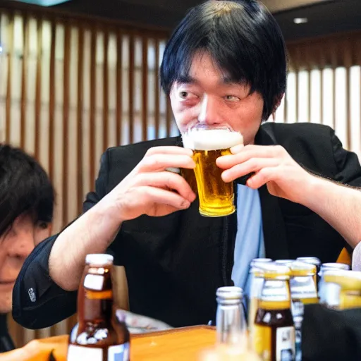 Prompt: Photo of a professor drinking beer in Tokyo