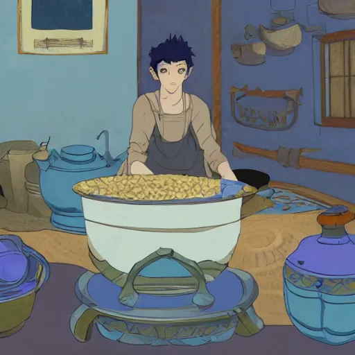 Prompt: concept art painting of an young man with blue skin, in a medieval living room, cooking rice, cel shaded, in the style of makoto shinkai and and studio ghibli