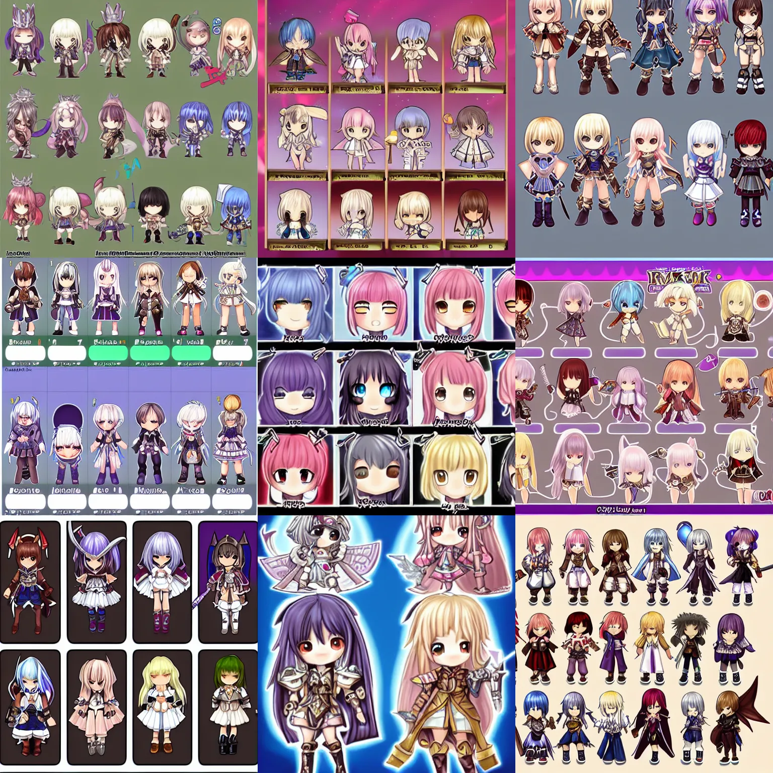 Prompt: Ragnarok online character select screen, chibi cyber girl wizards