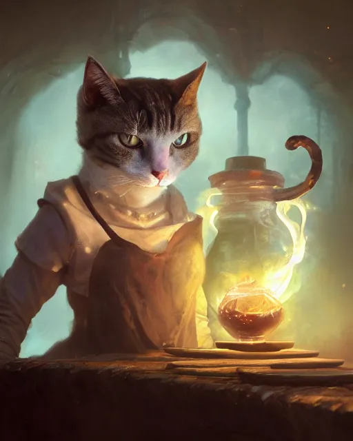 Image similar to oil painting of Anthropomorphized cat witch brewing potion, sharp focus, fantasy style, octane render, volumetric lighting, 8k high definition, by greg rutkowski, highly detailed, trending on art Station, magic the gathering artwork, Alchemist lab backround, centered