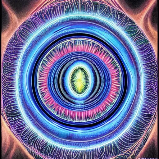 Image similar to Alex Grey painting of someone putting on a contact lens, repeating patterns