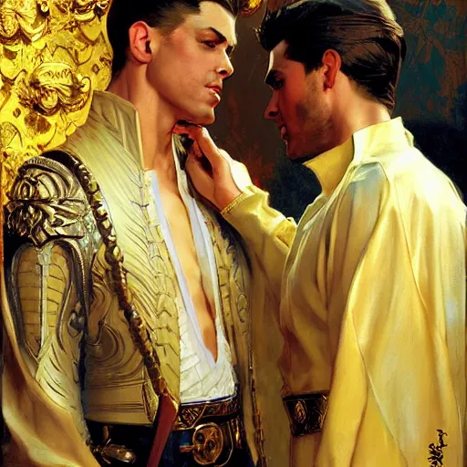 Image similar to attractive fully clothed king confesses his love for his attractive fully clothed male prince. highly detailed painting by j. c. leyendecker, craig mullins, gaston bussiere, mark brooks