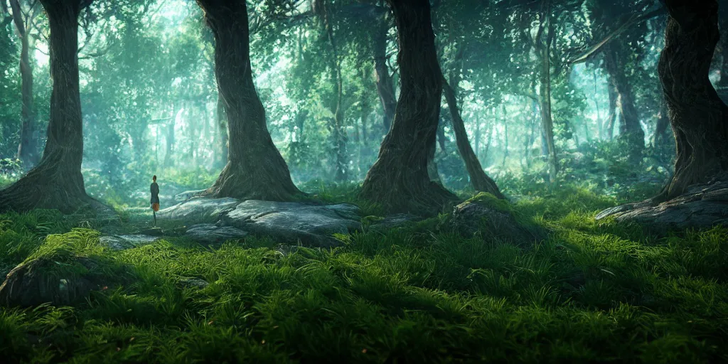 Prompt: photography of enchanted forest, unreal engine 5, blender, atmosphere, gorgeous, depth of field, landscape, lush, ultra realistic, cinematic, macro, artstation, wlop, elegant, epic, weta digital, focus, octane render, v-ray, 8k