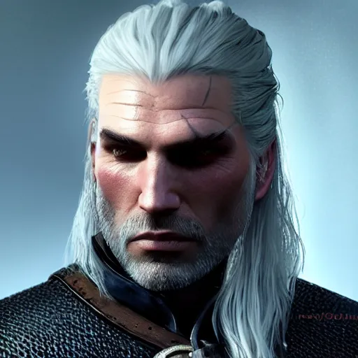 Image similar to geralt from the witcher 3 video game, huggy wuggy from poppy playtime video game, fullbody, ultra high detailed, glowing lights, oil painting, greg rutkowski, charlie bowater, beeple, unreal 5, daz, hyperrealistic, octane render, rpg portrait, dynamic lighting, fantasy art, beautiful face