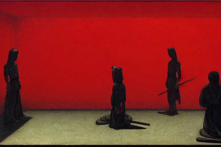 Image similar to only with red, a red samurai harakiri, tokio, a lot of frogs watch, in the style of beksinski, parts by edward hopper, parts by rodcenko, parts by yue minjun, intricate and epic composition, red by caravaggio, insanely quality, highly detailed, masterpiece, red light, artstation, 4 k