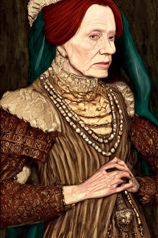 Image similar to portrait, headshot, digital painting, of a 15th century, Elizabeth Queen of Scots,beautiful, old aged, middle eastern, wrinkles, wicked, desert merchant man, dark hair, amber jewels, baroque, ornate dark green clothing, scifi, futuristic, realistic, hyperdetailed, concept art, chiaroscuro, side lighting, art by waterhouse