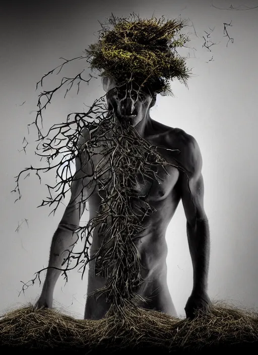 Prompt: mysterious and sensual scene of tyrolean farmer transforming into hay man with horns, roots and edelweiss growing out of the body 35mm double-exposure photo, palm body, deep shadows, german expressionism, noir, slightly colorful, photorealistic, detailed smoke, natural bones and skin, natural textures, depth of field, ambient occlusion, motion blur, HD, masterpiece, volumetric, chromatic aberration by Richard Avedon, style of Ade Santora, perfect composition, masterpiece, intricate detailed