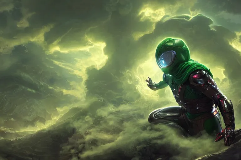 Image similar to MCU Mysterio, crossing his arms, appearing gigantic emerging from a cloud of green smoke, trending on Artstation, highly detailed, HD wallpaper, 4k, photorealistic, digital art, art by artgerm and Greg Rutkowski and Alphonse Mucha