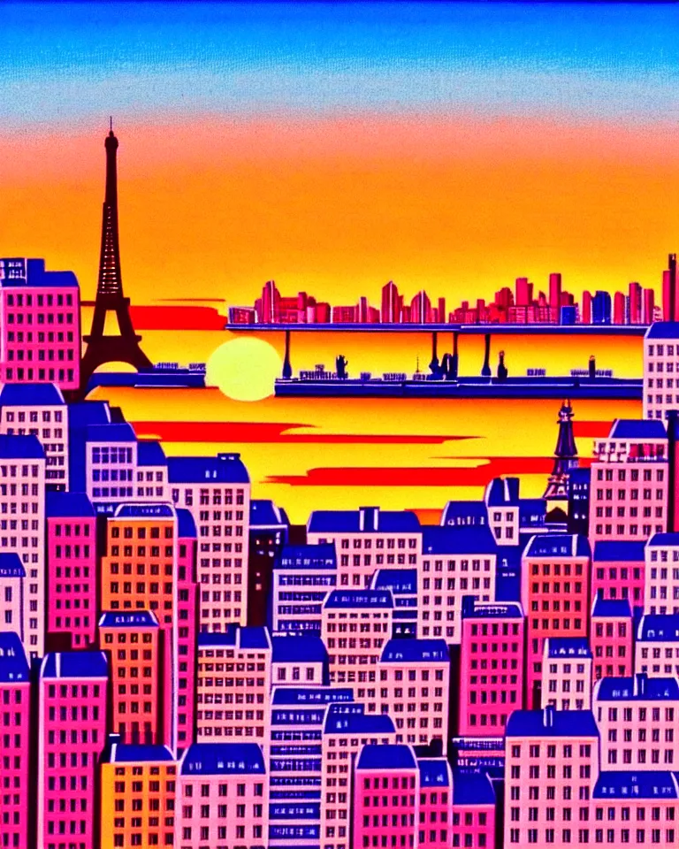 Image similar to gorgeous romantic sunset, cliffside onlooking the beautiful city of paris, warm colors, in the style of hiroshi nagai, very detailed, 8 0 s