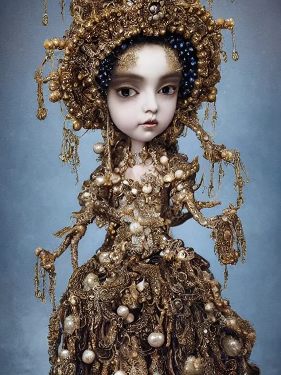 Prompt: a beautiful portrait render of an art doll who has rococo dramatic headdress with baroque intricate fractals of star and pearls tassels made of crystal,by Alisa Filippova and Billelis and aaron horkey and Nekro and peter gric,trending on pinterest,hyperreal,jewelry,gold,maximalist