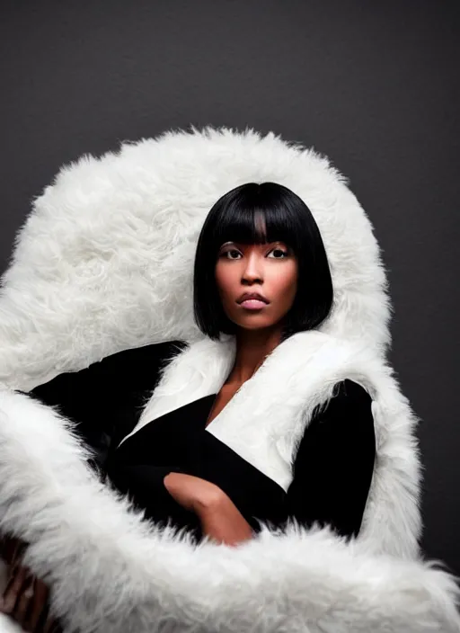 Prompt: an 8 k futuristic official photograph of a beautiful!!! model black!!! woman with long!!! straight black hair and bangs!!! wearing a huge furry white coat posing and sitting on a white furry couch, very aesthetic!!!, really bright