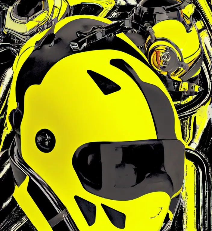 Prompt: futuristic yellow racing helmet with headset and chrome visor, a fusion of punk, cybertech and mad max aesthetics, neon trims, by kawakubo rei, takada kenzo and laurie greasley