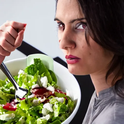 Image similar to an angry mother stabbing her salad with a fork, photo, 8K High Definition