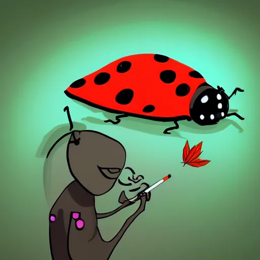 Image similar to a digital painting of a ladybug smoking a huge marijuana joint, trending on artstation