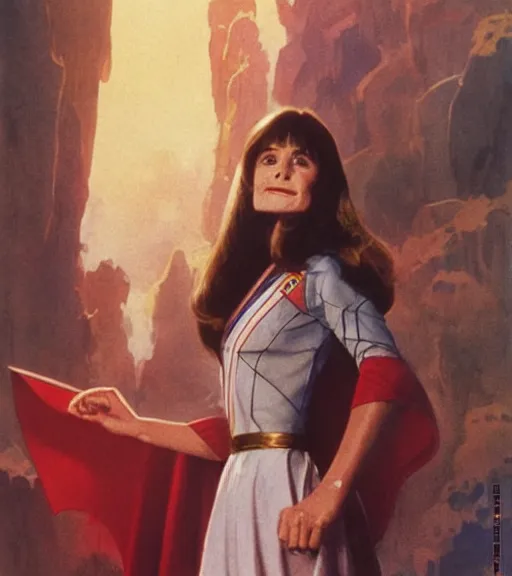 Image similar to a portrait of smiling young margot kidder from 1 9 7 7 superman movie in a scenic japanese city environment by marco bucci and greg rutkowski and frank frazetta, sharp focus, detailed, cinematic, hanbok, sheathed golden ornate korean sword