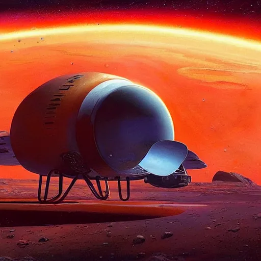 Prompt: SpaceX starship landing on the surface of Mars by Paul Lehr and Bruce Pennington