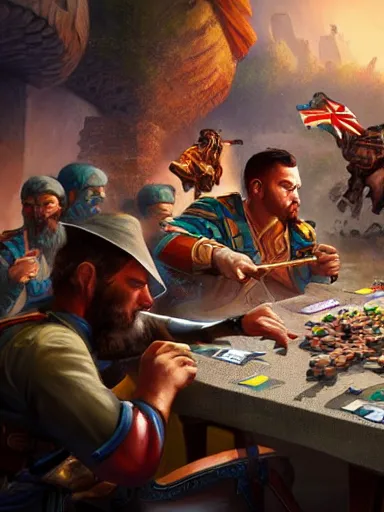 Prompt: half dozen guys playing risk. caotic fight intricate, elegant, highly detailed, digital painting, artstation, concept art, sharp focus, illustration, by justin gerard and artgerm, 8 k