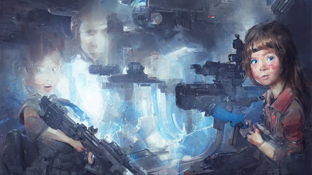 Image similar to portrait of the little girl with blue eyes is melted under machinegun fire, digital art, illustration, highly detailed, art by finnian macmanus