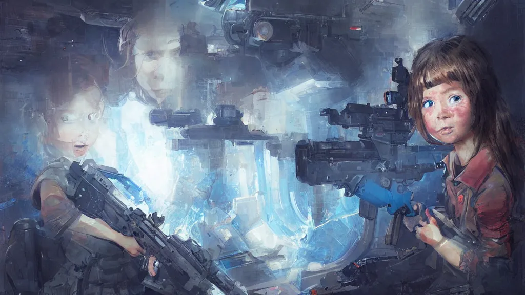 Prompt: portrait of the little girl with blue eyes is melted under machinegun fire, digital art, illustration, highly detailed, art by finnian macmanus