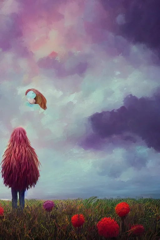 Image similar to closeup, giant flower head, a girl on beach, surreal photography, wind and cold, dramatic sky, impressionist painting, digital painting, artstation, simon stalenhag