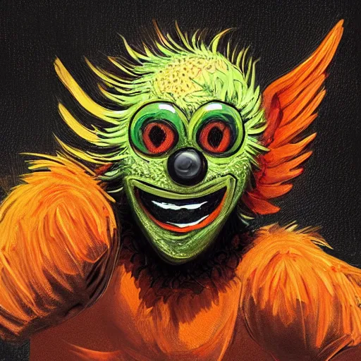 Image similar to a tennis ball monster , orange balaclava, cherub, wings, multiple gold chain necklace, digital art, fantasy, magic, trending on artstation, ultra detailed, professional illustration by Basil Gogos