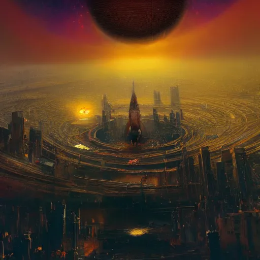 Image similar to wide shot of black hole within a city, esao andrews, m. w. kaluta, john berkey, hyperrealistic, big depth of field, warm colors, night scenery, low light, 3 d octane render, 4 k, conceptart, hyperdetailed, hyperrealistic, trending on artstation