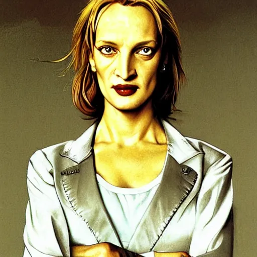 Prompt: a portrait painting of Uma Thurman in kill bill. Painted by Norman Rockwell