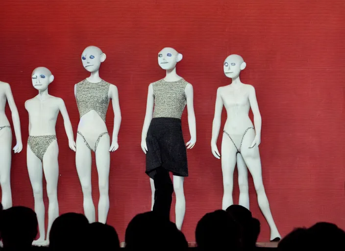 Prompt: illuminati ritual on stage stage of the elen degeneres show, dobby mannequins praising elen degeneres, detailed facial expression