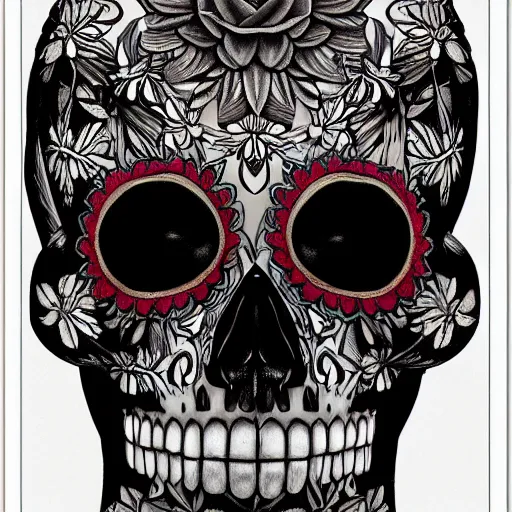 Image similar to A highly stylized digital HD photorealistic rendering of the face of a tattooed Day of the Dead skull smiling head and shoulders three-quarters view, with flowers, intricate patterns on face, on a poster promoting AI art