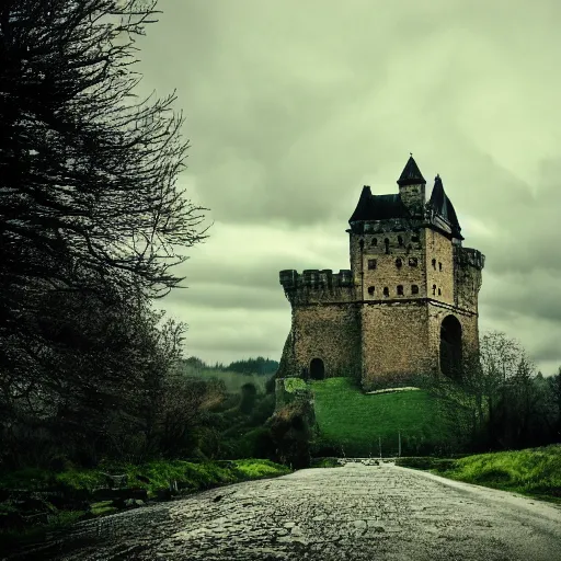 Image similar to looming castle under a cloudy sky where nary a ray escapes the god's frown