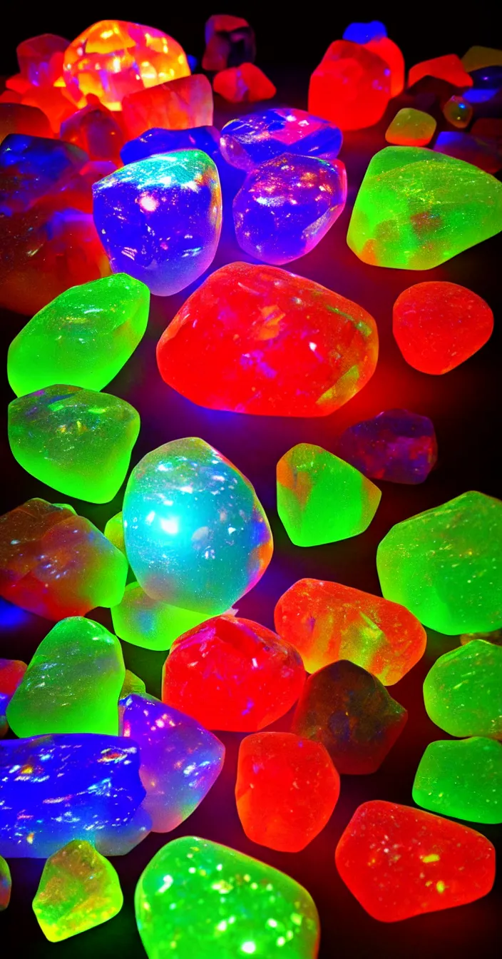 Prompt: realistic photo of multi colorful big transparent stones, glowing light from behind, very sharp focus, in the style of greg rutswoski, very hyper realistic, highly detailed, fantasy art station