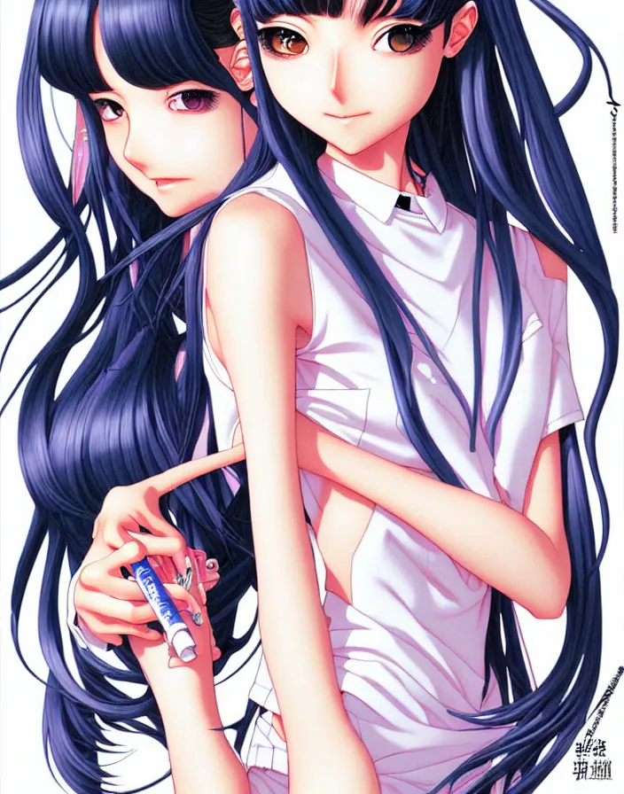 Prompt: extremely detailed color ink pen graphic novel  illustration of a dainty young truant female stoner prep highschool school student with medium length silky straight iridescent black hair and lightly suntanned skin, illustrated by Artgerm and Range Murata.