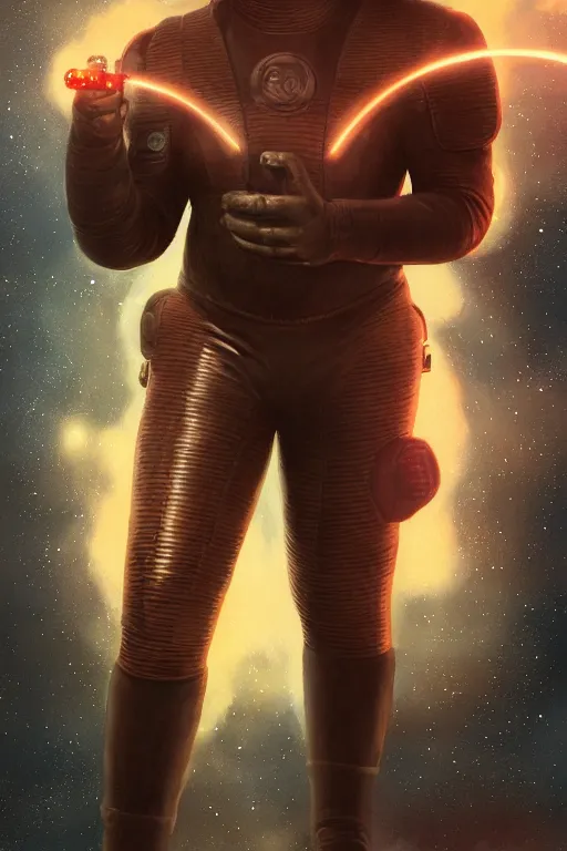 Image similar to portrait of a black man as baron harkonnen wearing leather spacesuit, standing on rocky outcrop and firing a retro laser pistol, detailed, nebula space background, illustration by normal rockwell, artstation character art, adebanji alade, concept art, greg rutkowski, artgerm