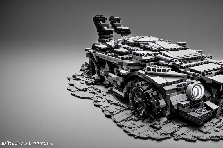 Image similar to the lego batmobile is standing ina cave. highly detailed. intricate. mist. octane render. rim light. photoreal. 8 k. monochrome. cinematic.