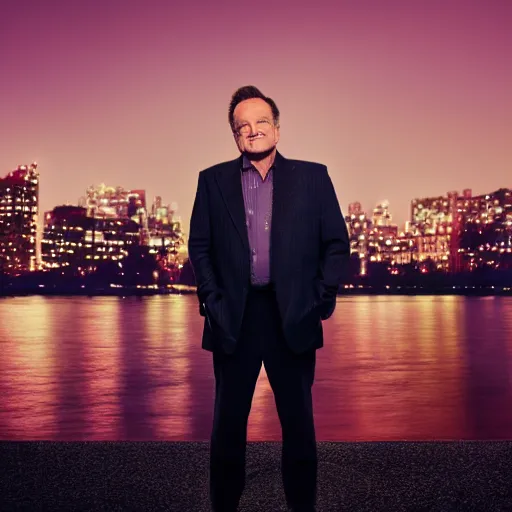 Image similar to a still of Robin Williams. Shallow depth of field. City at night in background, lights, colors ,studio lighting, mood, 4K. Profession photography