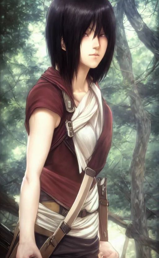 Image similar to mikasa ackerman, hero pose, medium shot, bokeh, beautiful face!!!!, 2 7 years old, cg animation, lifelike, animated, realistic, character select portrait, by artgerm, greg rutkowski, alphonse mucha, 3 d