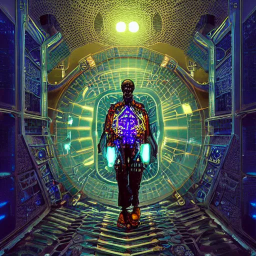 Prompt: symmetry!! a cyberpunk dogon priest opening a steampunk neon portal in the solarpunk village, alien cold fusion time machine, by machina infinitum and android jones, surreal psychedelic portrait style, dim lit, rim light, intricate and detailed environment, radiant lighting, fractal with infinite intricacy background, rendered in octane,