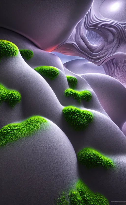 Image similar to highly detailed ultra sharp 3 d render cinematic composition of a smooth ceramic porcelain biomorphic magnolia stone nebula fluid fractal sci - fi surreal architecture landscape, granite, metallic, magnesium, marble, moss and lichen, vincent callebaut composition, mamou - mani, archviz, beautiful lighting, 8 k, unreal engine, hdr,