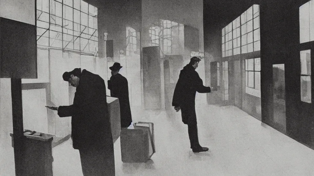 Image similar to man in line at railroad ticket office, László Moholy-Nagy