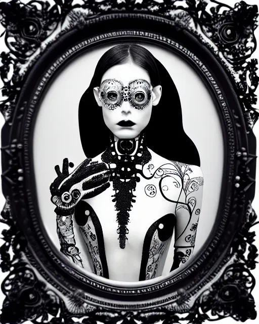 Prompt: black and white masterpiece profile portrait painting with no frame, one steampunk eye silver lace floral biomechanical beautiful young female cyborg, big monocular, volumetric light, hibiscus flowers, by dora maar, rim light, big gothic fashion pearl embroidered collar, 8 k