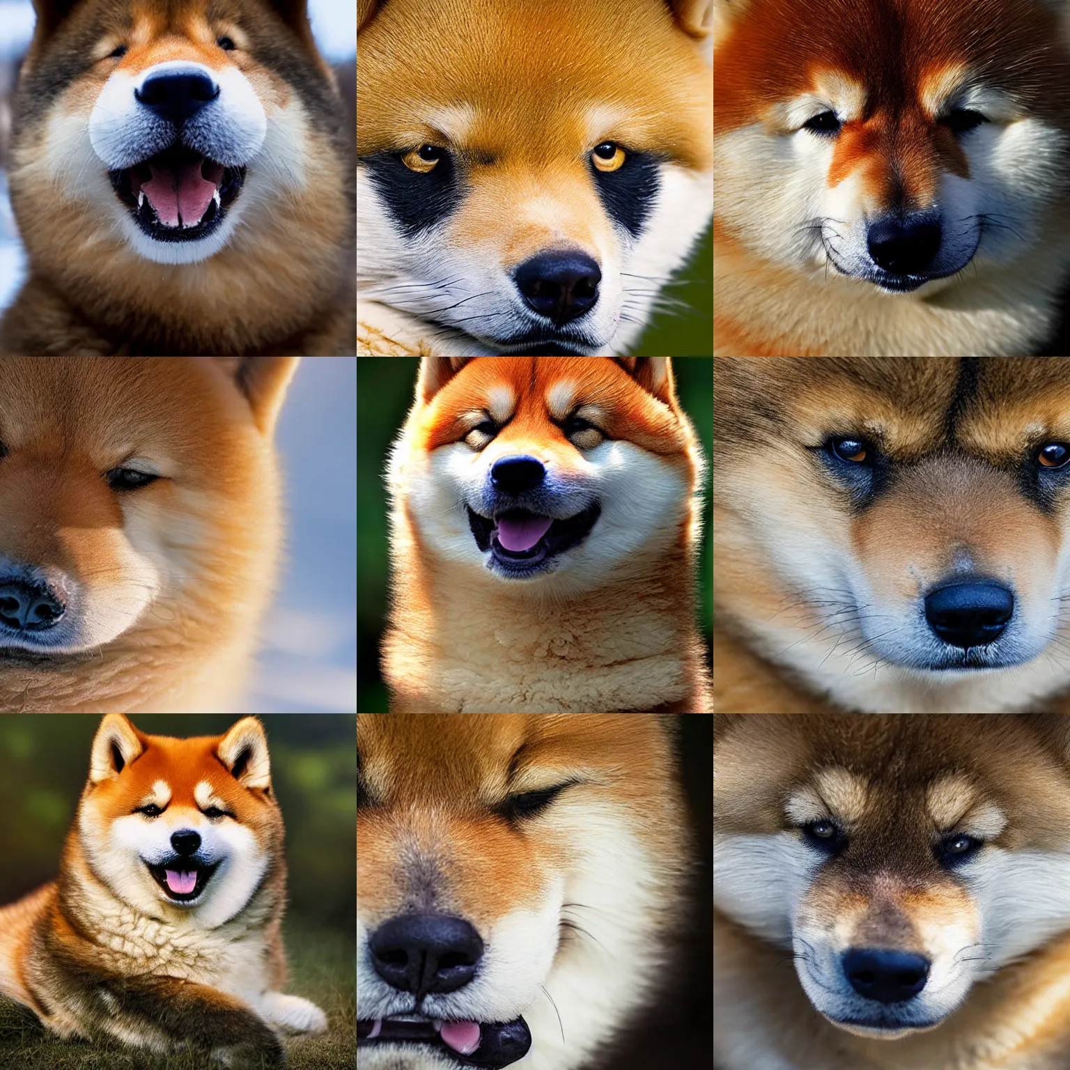 Prompt: award winning wildlife photography, Big fluffy shiba inu cat hybrid, close up of face, zoom in on face, wildlife photography by Paul Nicklen, national geographic, perfect lighting