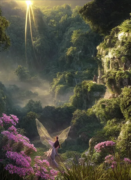 Prompt: an elegant fairy with wings of lace in a lord of the rings scenery landscape, looking out at a vast lush valley flowers and wood structures, stream, sunrise, god's rays highly detailed, vivid color, cinematic lighting, perfect composition, 8 k, gustave dore, derek zabrocki, greg rutkowski, belsinski, octane render