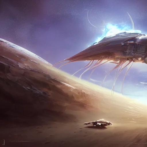 Image similar to a spiky imperial squid space ship travelling near a barren planet by Marek Okon, god rays, fantasy art, 4k, HDR, photorealistic, 8k, trending on artstation