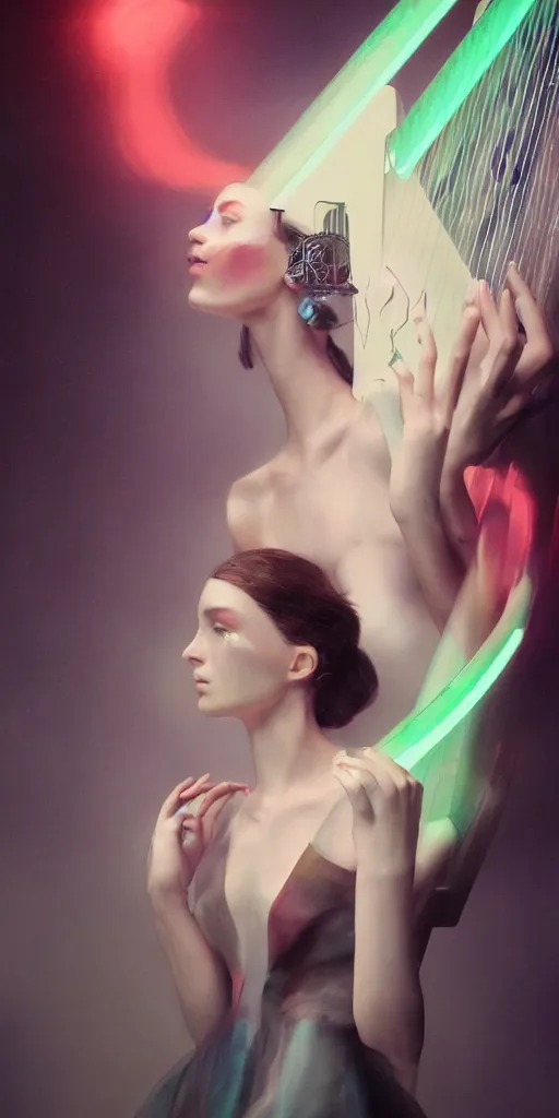 Image similar to hyperrealistic futuristic high fashion photography, girl in studio, vogue magazine, nomad masterpiece, nano parts, neon lights, smoke playing on a harp, eerie music, beautiful face and flawless skin, perfect hands, head piece, by Edgar Maxence and Ross Tran and Michael Whelan