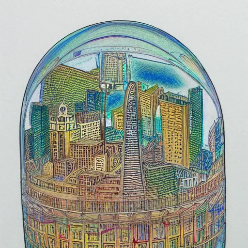 Prompt: Accurate and realistic representation of a city trapped inside a crystal clear dome. Harmonic colored disposition, expertly blended and shaded. HD. 8k. 4.k HQ. UHD . Colored pencils and color inks on two joined sheets of paper