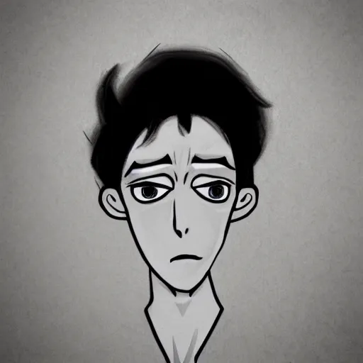 Image similar to young man portrait, black hair, skinny, sleep deprived, corpse bride art style