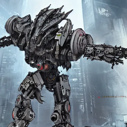 Image similar to a post-apocalyptic cyberpunk grimdarka mecha in the style of leonard boyarsky in the style of Yoji Shinkawa detailed realistic HD 8k High Resolution